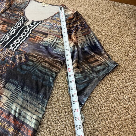 One World Brown Aztec Velour Sequin Kimono Sleeve Top Womens 2X EUC Boho - Picture 9 of 11